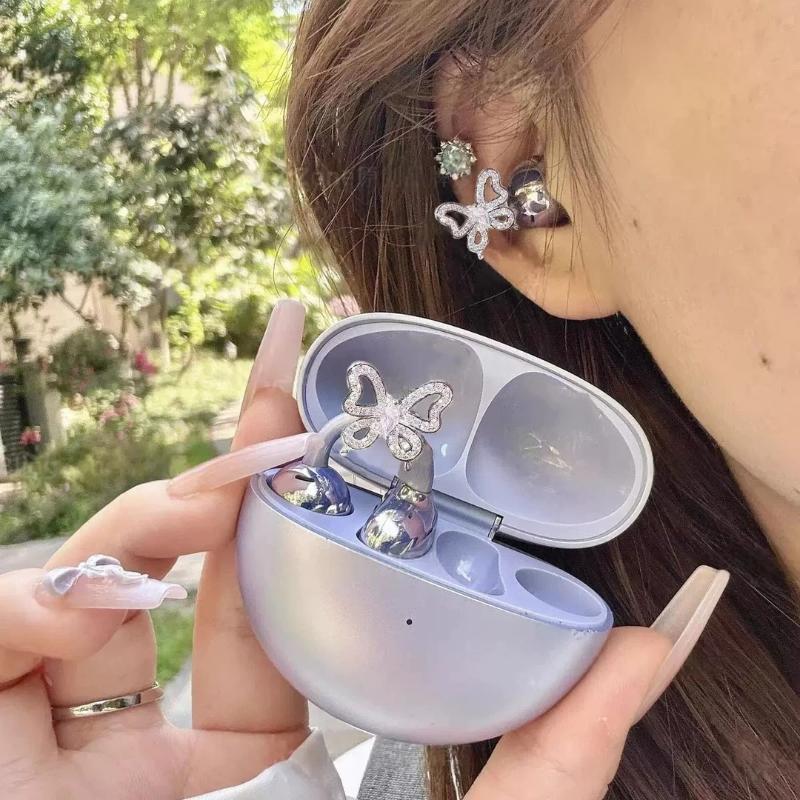 Butterfly Rhinestone Decor Detachable Bluetooth Headset Clip-on Earphone Exquisite Fashion Accessory for Ladies