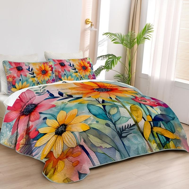 Vibrant Floral Quilt Set 1 Quilt+2 Pillowcases Floral Quilt Set Cozy Lightweight Watercolor Flower Bedding King Queen Sizes