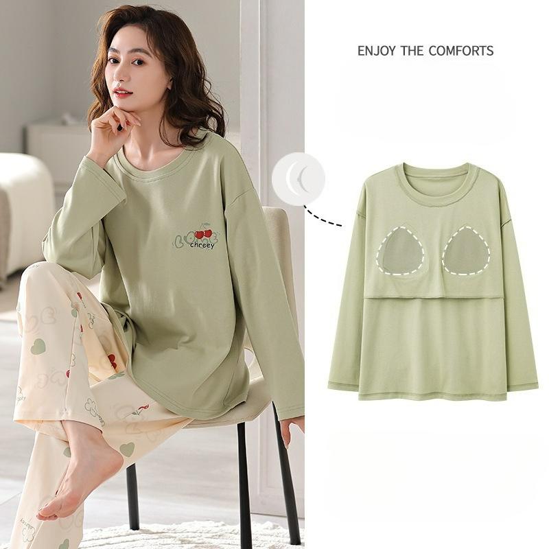 Pajamas with Chest Pads, Women's Spring and Autumn Long-sleeved Cotton Round Neck, Loose, Comfortable and Casual, Can Be Worn Outside Home Service