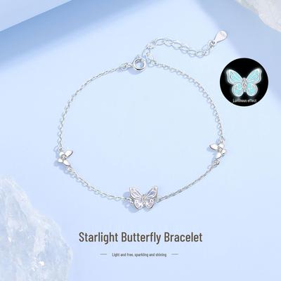 Tichia Starlight Butterfly Bracelet: Women's S925 Sterling Silver with Enamel Luminous Purple Butterfly Design.