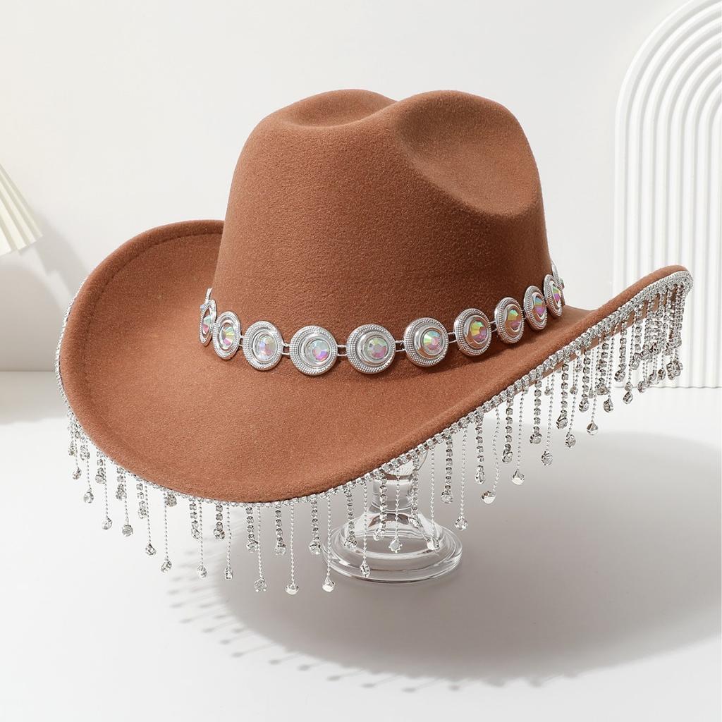 European and American crystal fringed western cowboy top hat festival party jazz hat felt hat