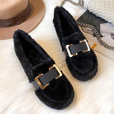 2024 Gürtel Metallschnalle Wollschuhe Damen Nerzfell Ballerinas Winter Warm Baumwoll-Slipper Frauen Verdicken Pelzige Mokassins Wollenstiefel