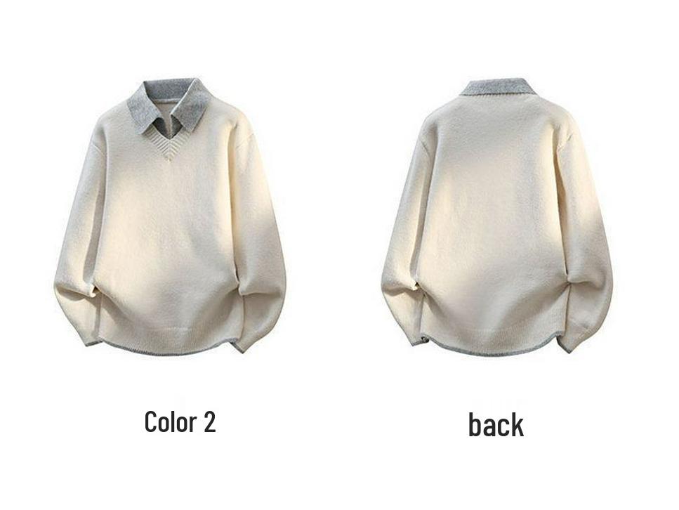 Men's Trendy Faux Two-Piece Lapel Sweater - Autumn/Winter Thickened Velvet Casual Knit Base Layer