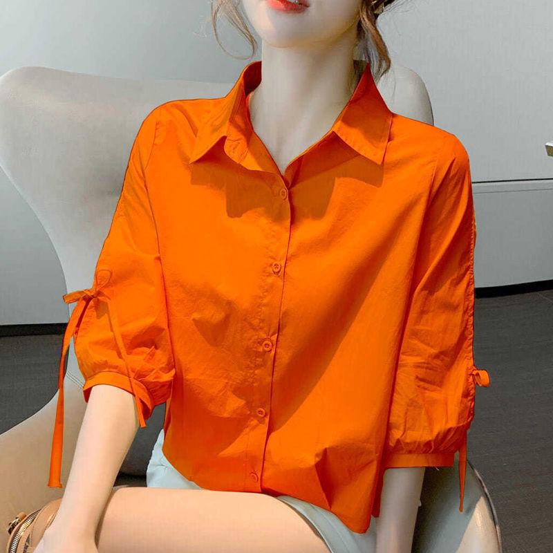 Cotton Solid Color Shirt for Women Summer Loose and Breathable Top Lantern Sleeve Shirt