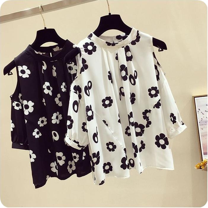 Plus Size Women's Summer Fat Sister Loose All-match Off-the-shoulder Short-sleeved Chiffon Shirt Western Style Was Thin and Covered Belly Top