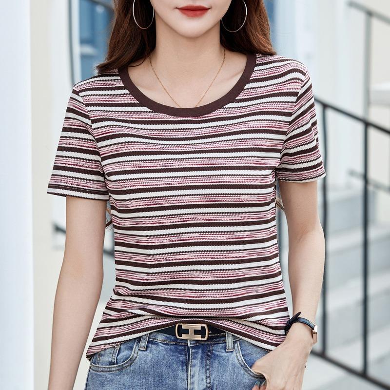 Women's Summer New Striped Short-sleeved Collision with Colourful Wildcard Round Neck Chic Blouse Slim Bottoming Casual T-shirt