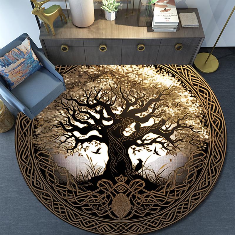 Golden Tree Round Area Rug,Carpet Rug for Living Room Bedroom Sofa Playroom Decor,Non-slip Floor Mat