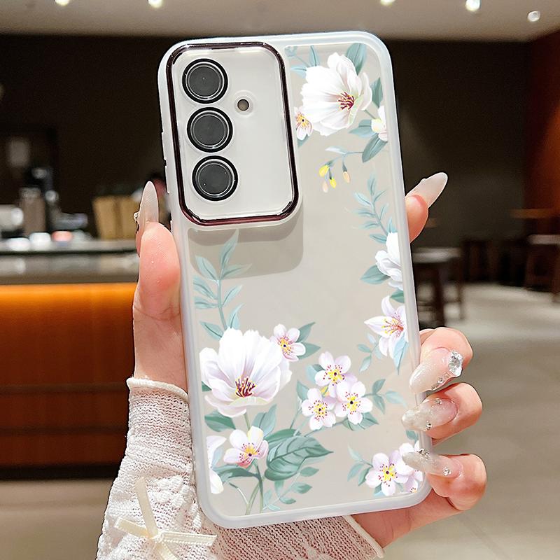 Floral Print Clear Silicone Soft Phone Case For Samsung S25 Ultra S24 FE S23 Plus A56 A36 A16 A55 A15 Slim Shockproof Lens Film Protection Cover