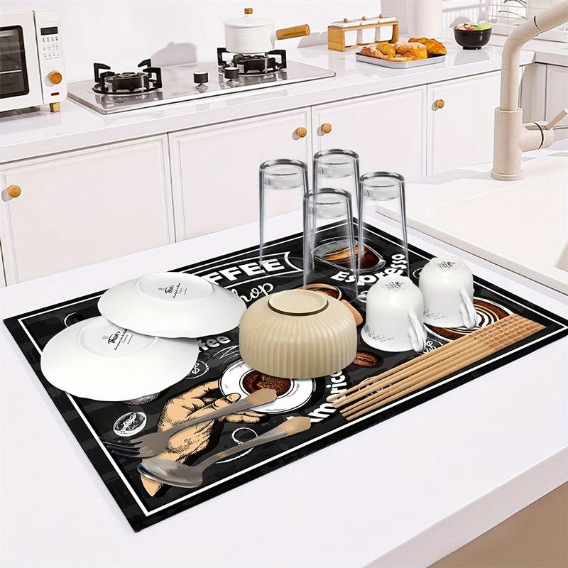 Creative Coffee Print Kitchen Drying Mat Soft Rubber Non-Slip Absorbent Stain-Resistant Mats for Coffee Bar Countertops Dish Mat
