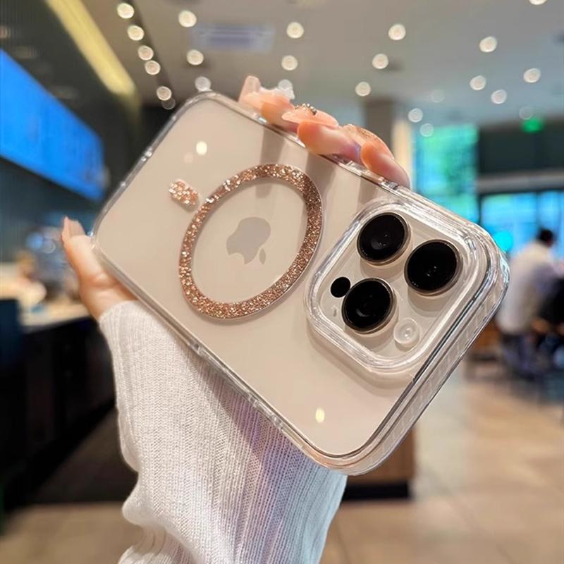 Luxusní třpytivý Magsafe bezdrátově nabíjecí kryt na telefon pro iPhone 12 13 14 15 16 Pro Max Plus Průhledný silikonový magnetický nárazník