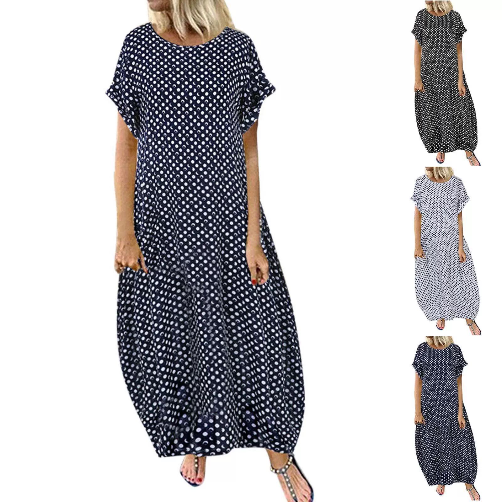 

Women s Summer Long Dress Crew Neck Short Sleeve Maxi Dress Casual Dot Printing Bohemian Dresses M темно-синього кольору