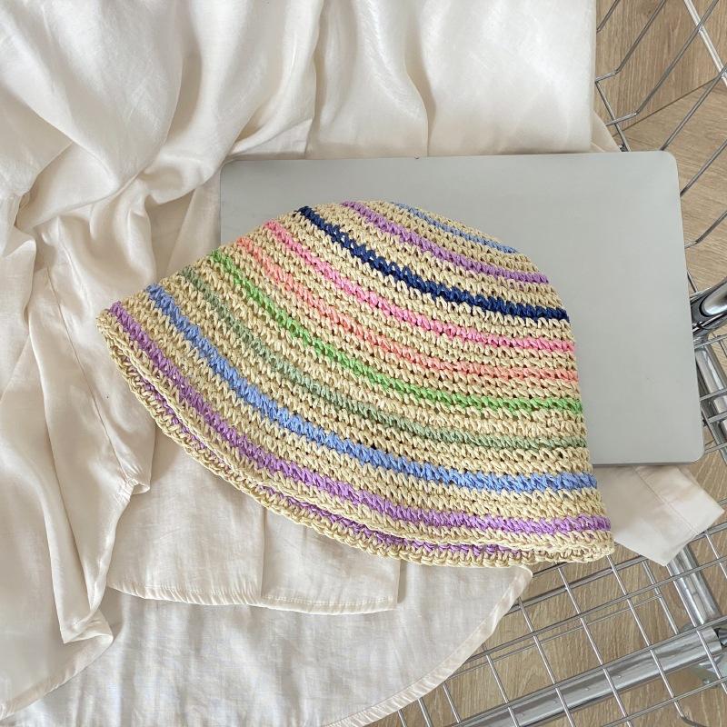 South Korea Spring And Summer Thin Handmade Knitted Fisherman'S Hat Children'S Colored Striped Basin Hat Versatile Sunscreen Shade Straw Hat