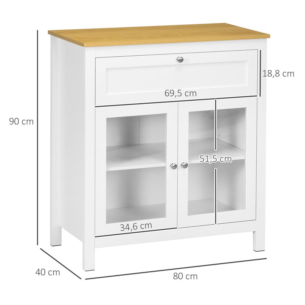 Modern Kitchen Sideboard Auxiliary Buffet Cabinet with Drawer Adjustable Shelf and 2 Glass Doors 80x40x90 cm White