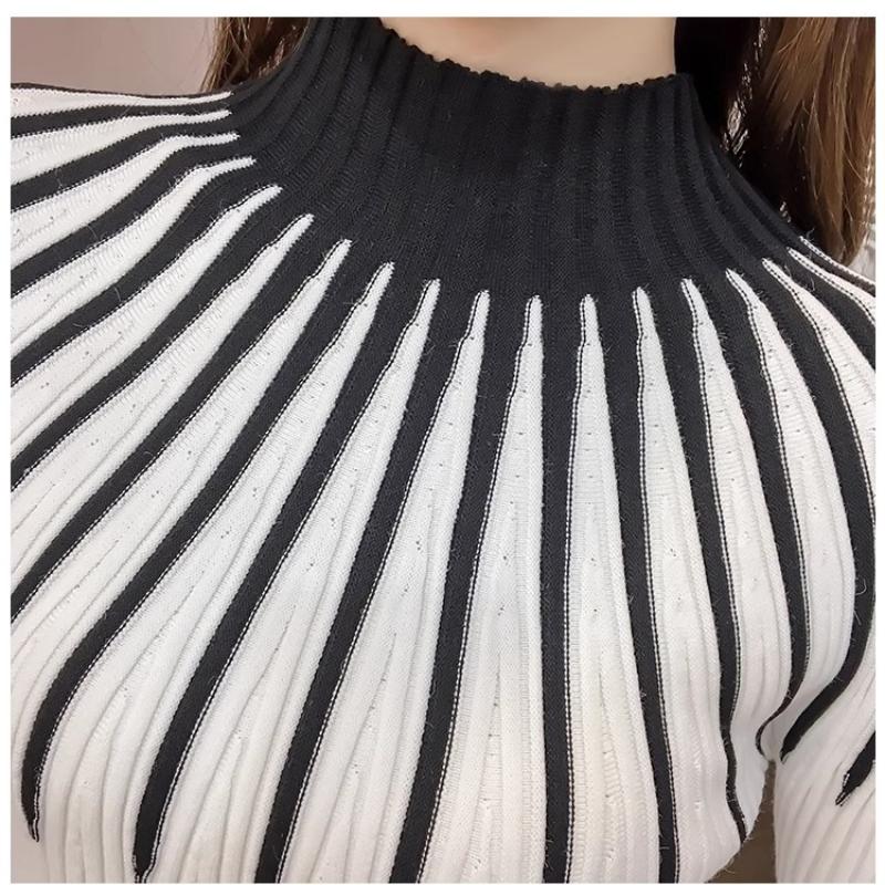 Women Slim Sweaters Autumn Turtleneck Long-sleeve Knitted Outwear Stripes Pullovers