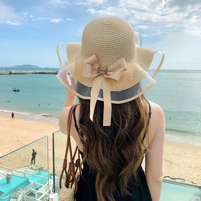 2024 Spring/Summer New Sun Hat with Ribbon Knot Decoration for Adult Straw Hat Sunscreen Beach Hat Elegant