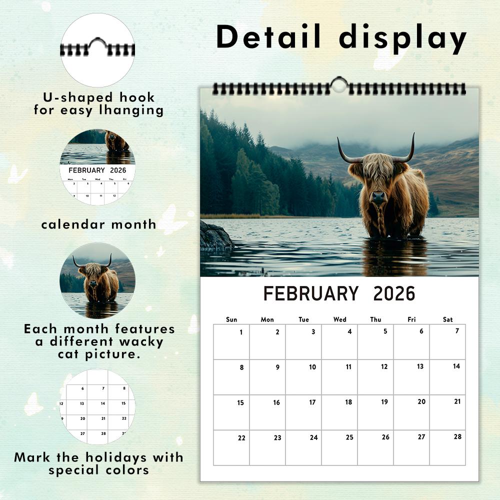 1pc 2026 Wall Calendar, Realistic Highland Cow Series, 12 Beautiful Designs, Perfect Gift for Birthdays, Christmas, New Year
