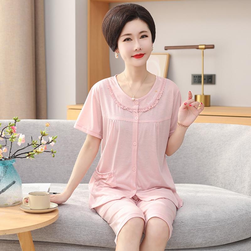 Summer Cotton Capris Pajamas Set Floral Print Pajama for Women Leisure Pyjamas Soft Lapel Pijamas