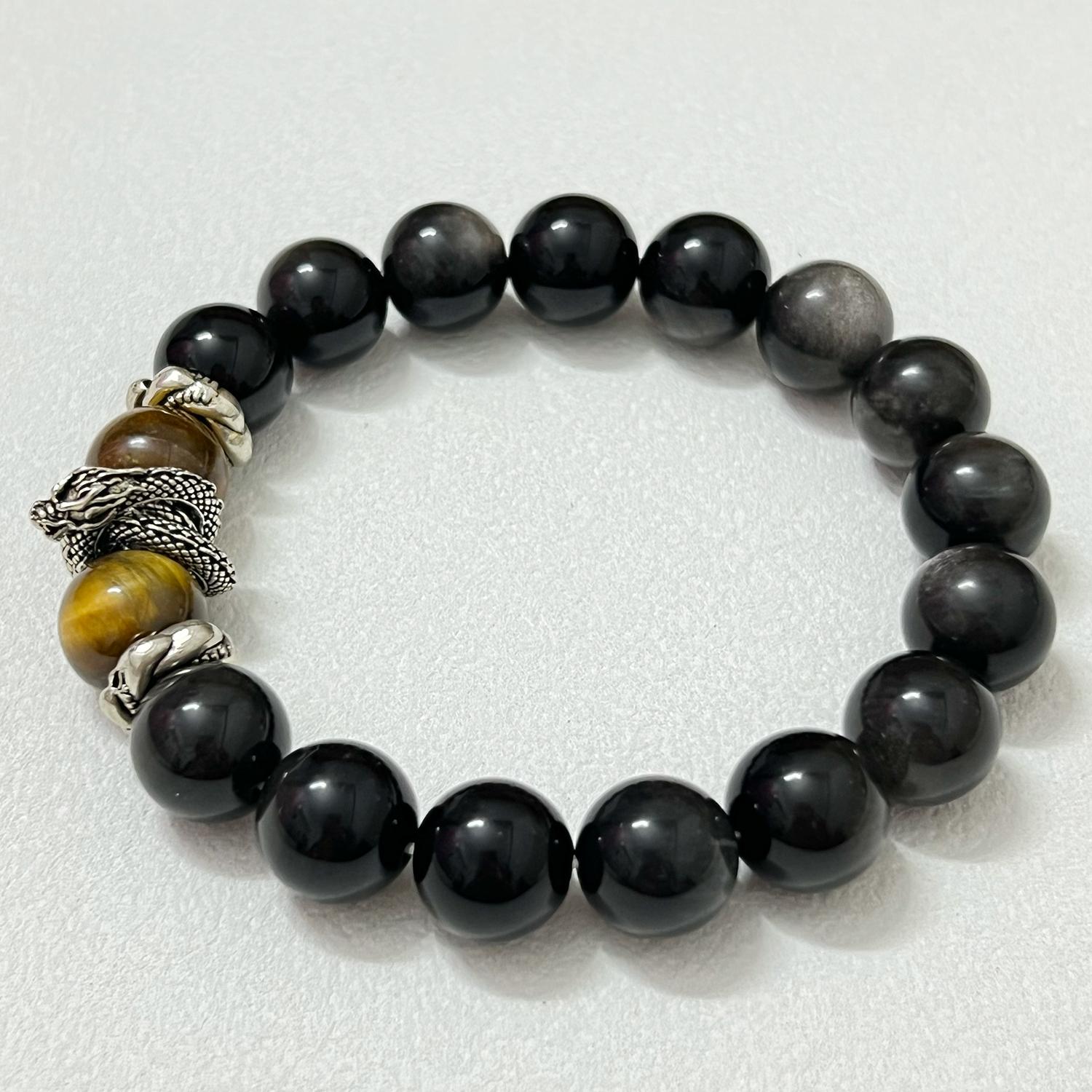 

Браслет из обсидиана для мужчин 12 мм из натурального камня, эластичные браслеты с бусинами, ручная работа, круглый браслет, ювелирные изделия, подарки Length 18cm