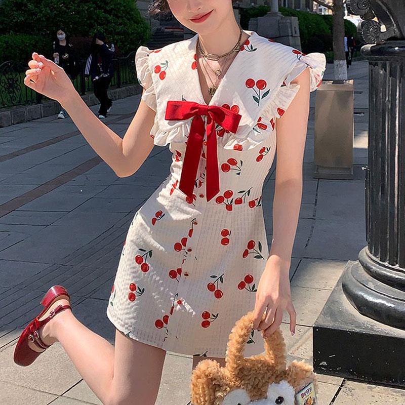 Cherry Sweet Bow V-Neck Dresses Stylish Folds Patchwork Sleeveless Female Clothing Korean Slim Summer A-Line Waist Mini Dress