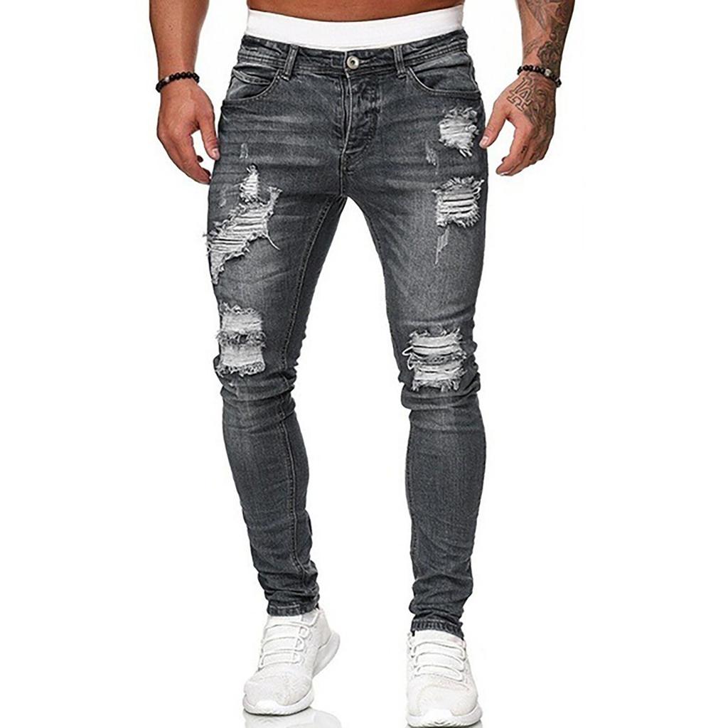 Men's Casual Hole-rubbed White Slim Fit Denim Pants Fashion Chinos Jeans