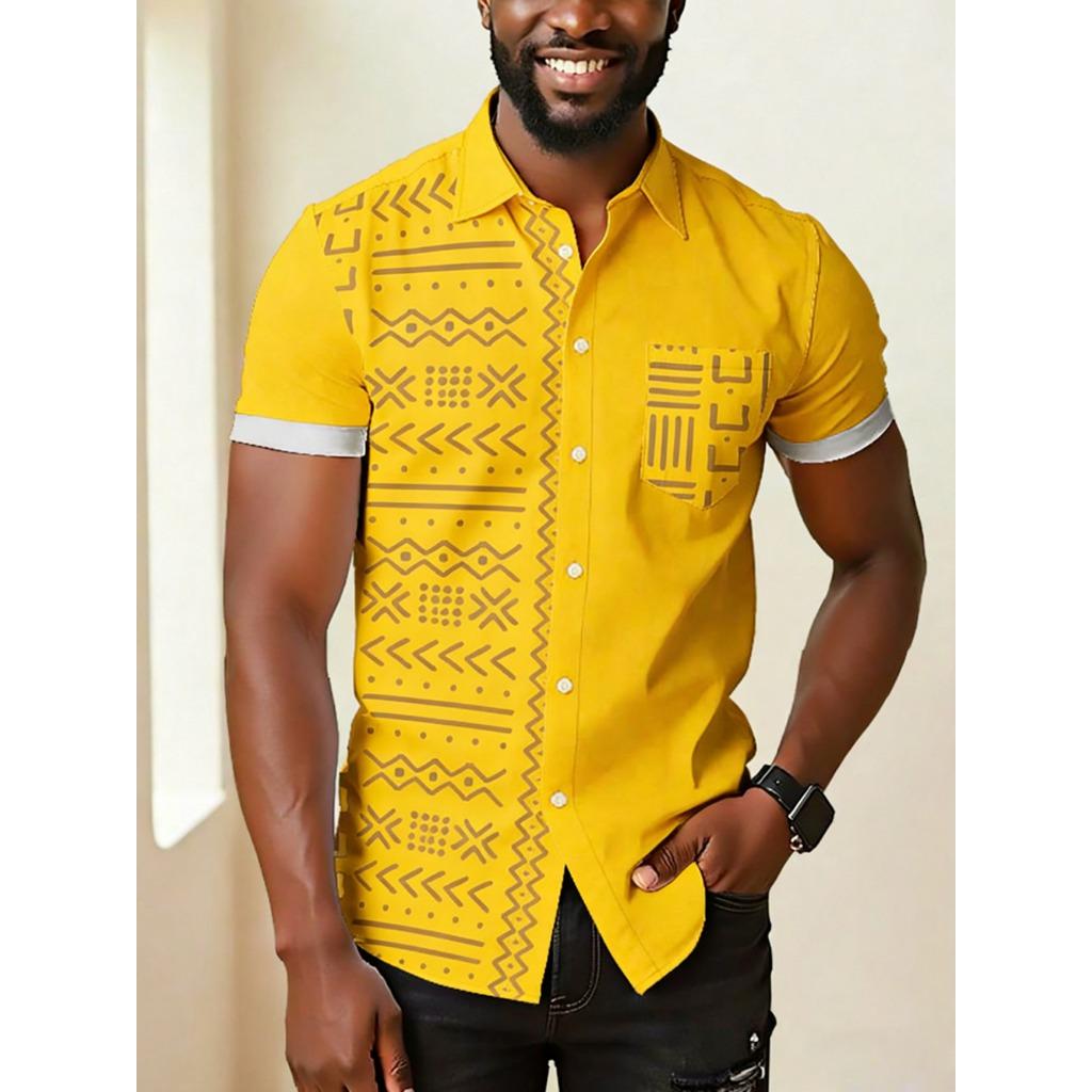 2026 Men s Short Sleeved Shirt Ethnic Style Color Printed Shirt Lightweight Breathable Loose Shirt S