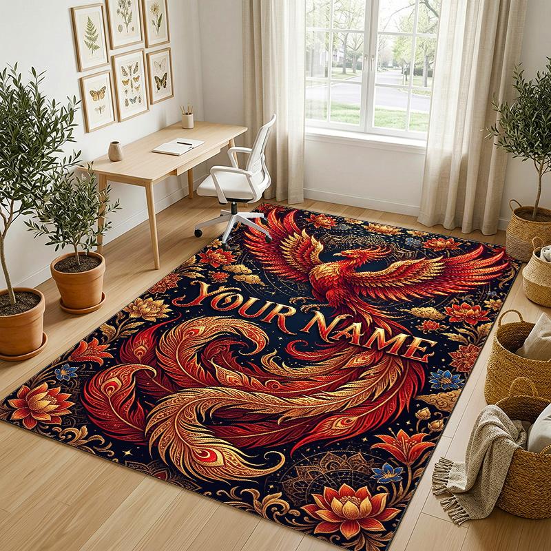 Dragon Phoenix Theme Crystal Velvet Rug Personalized Custom Name Text Soft Floor Mat Home Decor