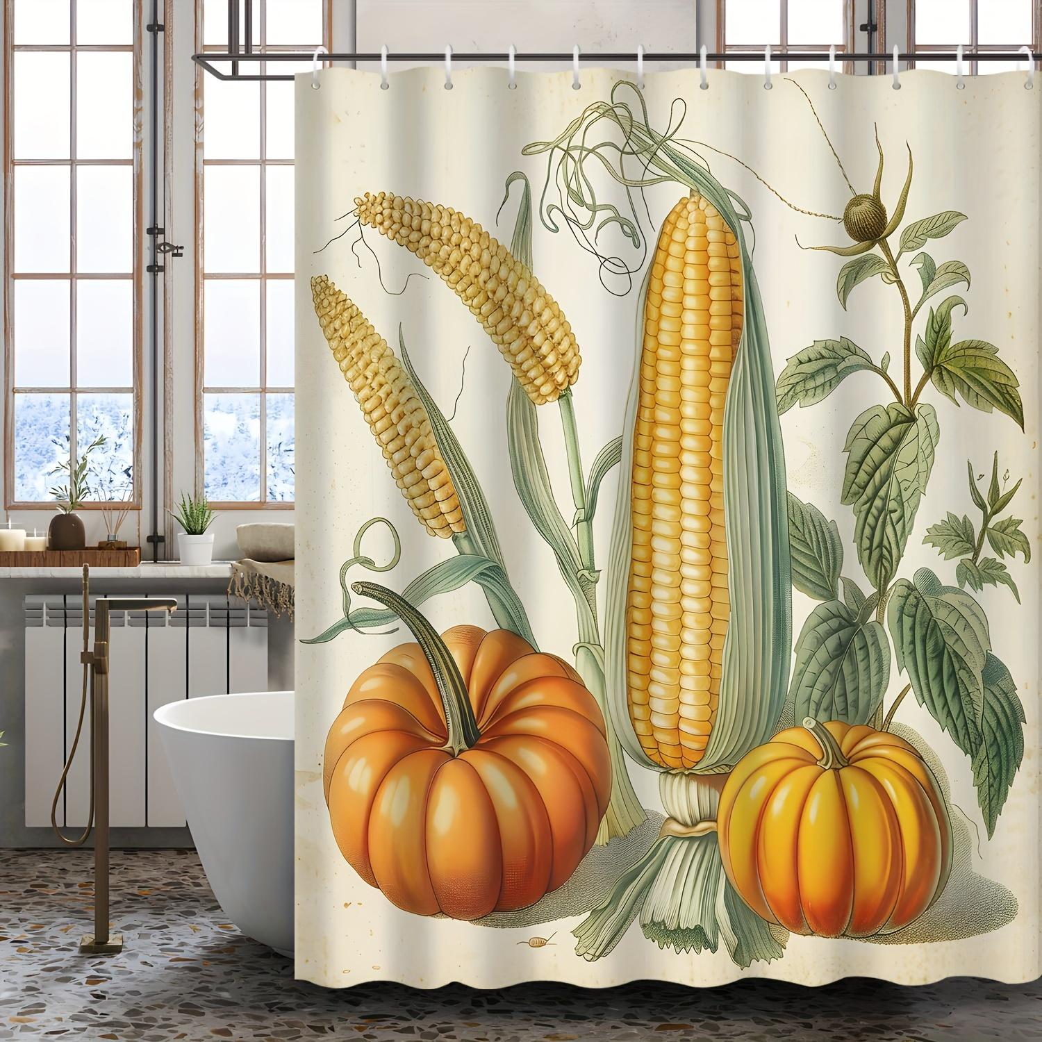 

Vintage Corn & Pumpkin Fall Harvest Shower Curtain - Retro Autumn Print, For Hotel, Apartment & Home Bathroom Decor W60H190(CM)-1 Pcs