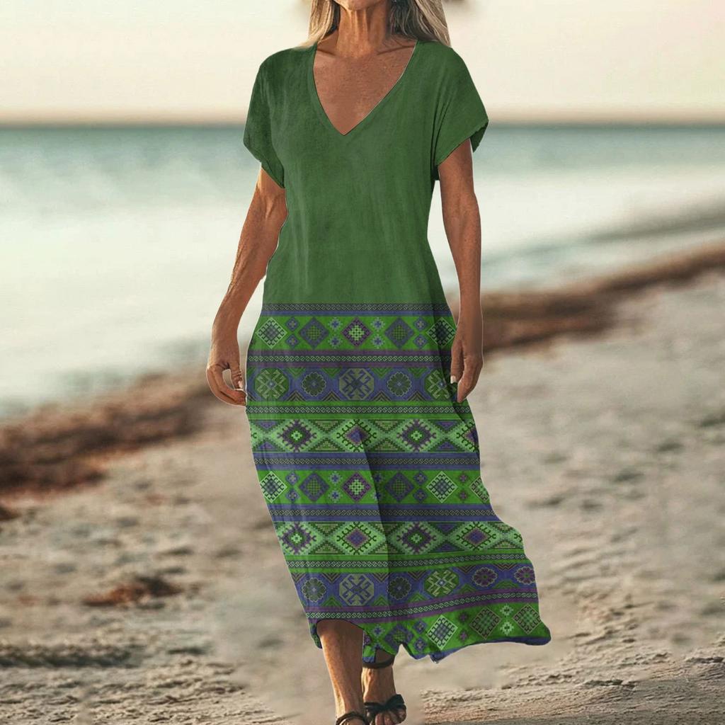 Fashion Women's Summer V-neck Short Sleeve Cotton And Linen Vintage Floral Print Beach Dress