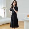 Hepburn-Style Black Chiffon Shirt Dress - Slimming Waist, Elegant Long Skirt for Women