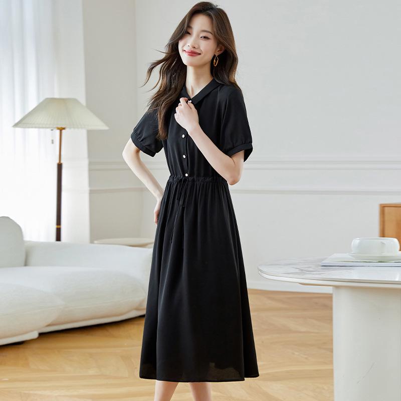 Hepburn-Style Black Chiffon Shirt Dress - Slimming Waist, Elegant Long Skirt for Women