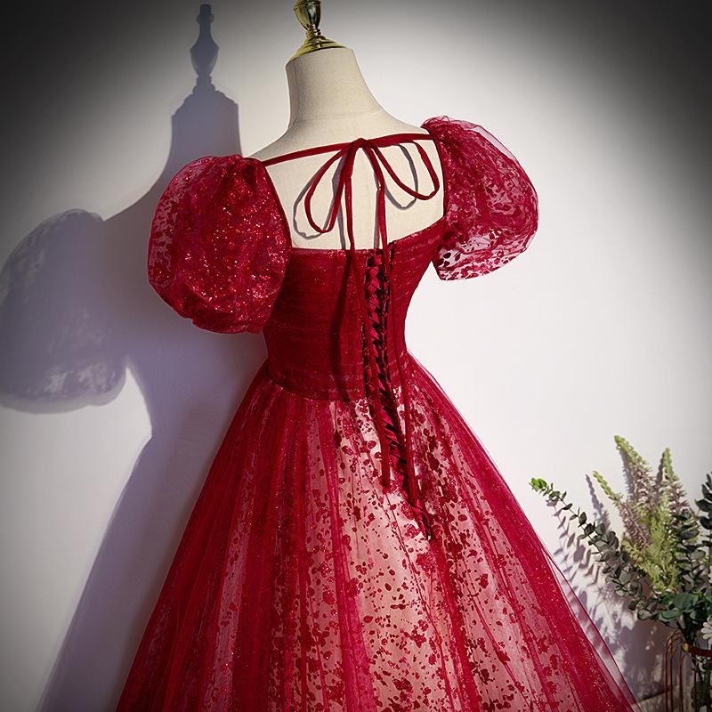 Burgundy toasting suit 1011 new fashionable foreign style long banquet temperament dignified high waist bubble sleeve evening dress