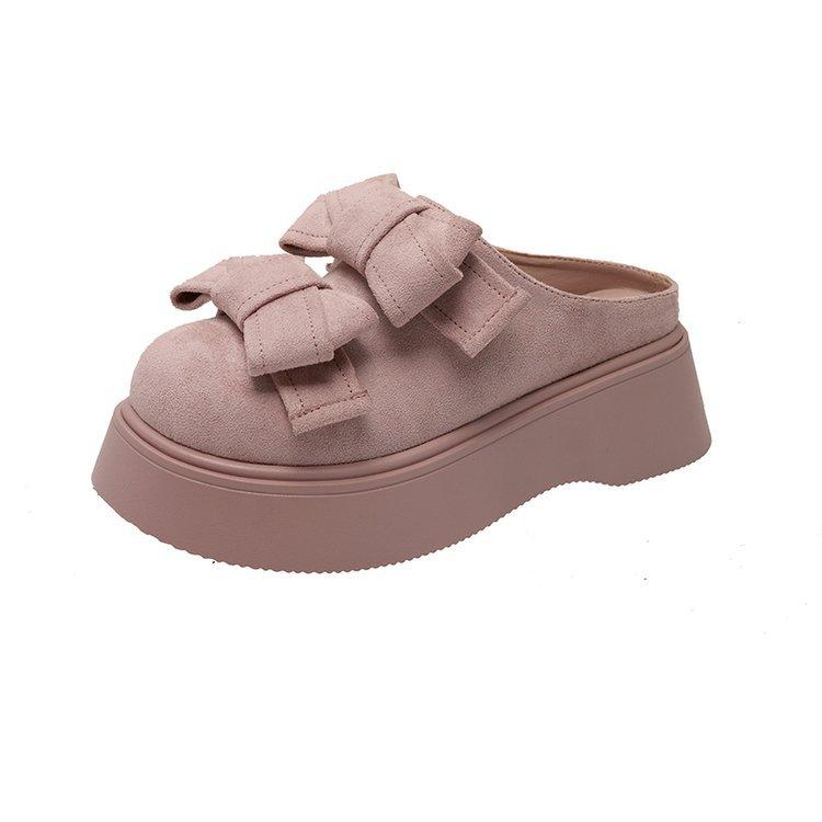 Fashion 2025 New Round Head Waterproof Table Slipper Women's Fashion Wrap Head Deep Mouth Flannelette Butterfly Knot Non-slip Flat Shoes