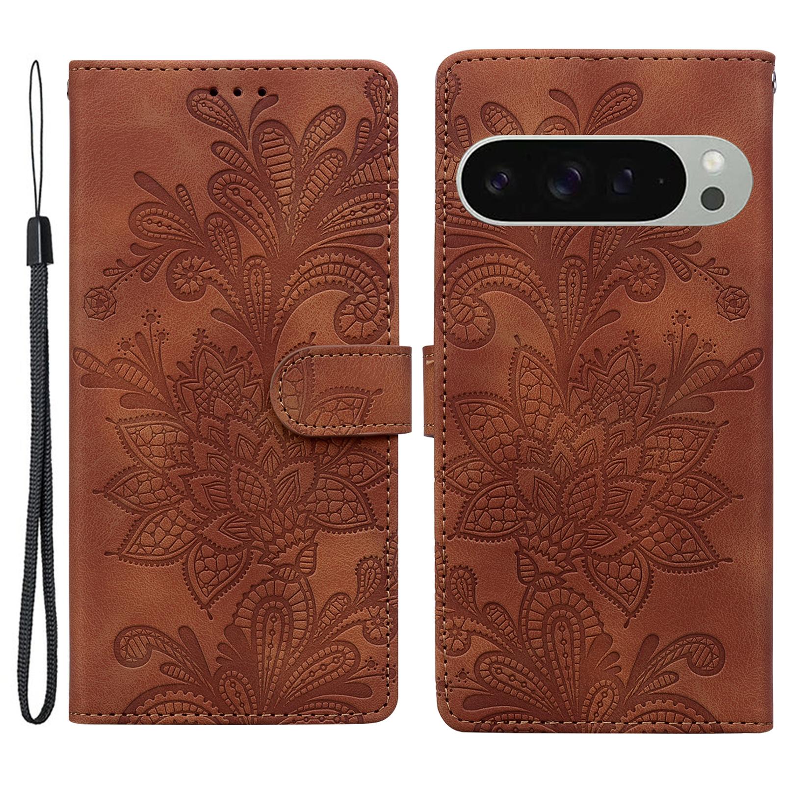 

For Google Pixel 9 Pro/Pixel 9 Case Imprinted Lace Flowers PU Leather Wallet Phone Cover Brown