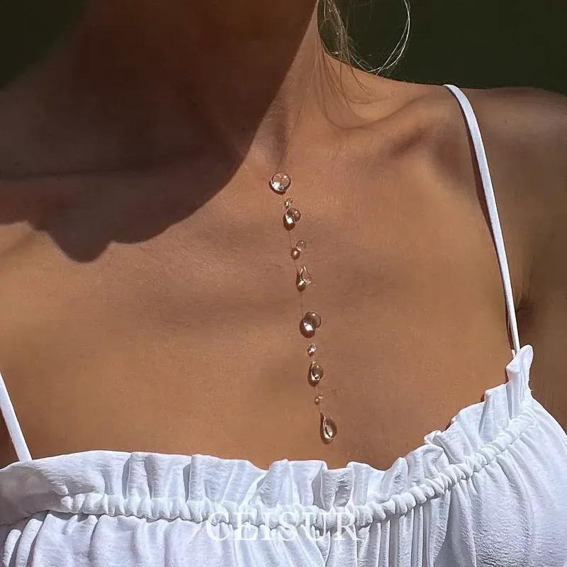 Water Drop Handmade Long Tassel Earrings Necklace for Women Fashion Transparent Crystal Bead Earrings Wedding Party  Gift