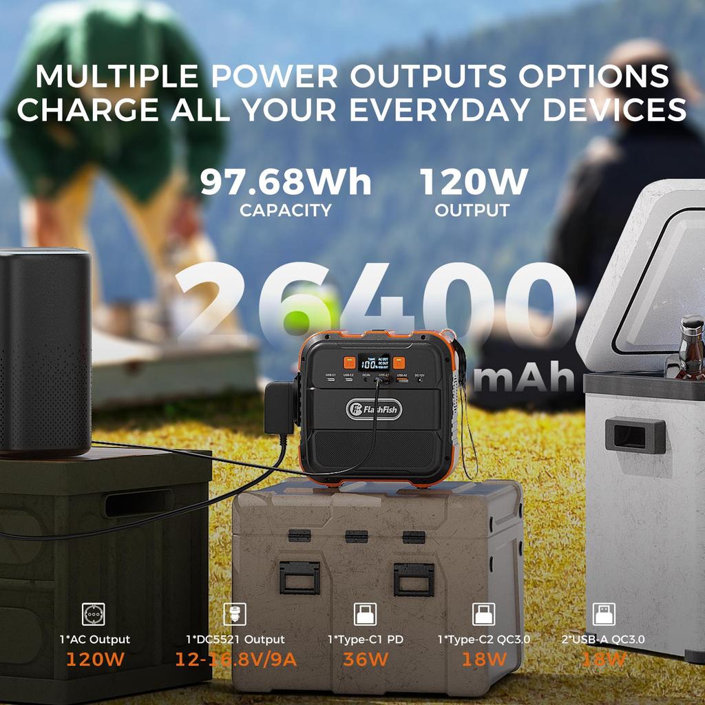 Flashfish A101+TSP60 Portable Power Station  6 Output Ports 120W AC Output 98Wh/26400mAh Li-ion Battery Capacity