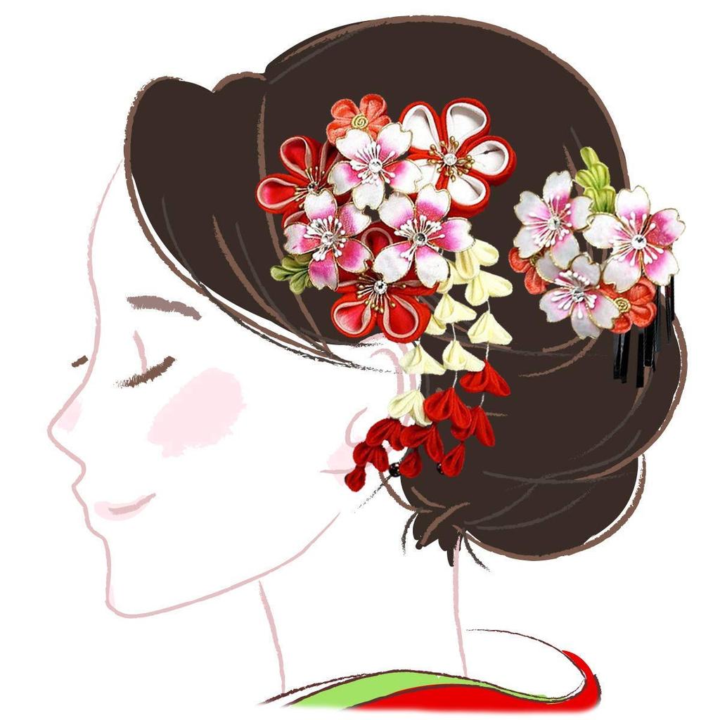 Hårpyntsett Furisode-seremoni Rød Rosa Kirsebærblomst Tsumami-arbeid Sølvfiligran [Kyoto Usagido] 2 deler myndighetsdag wk-292