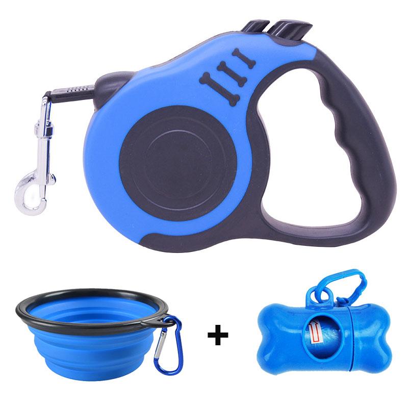 Retractable Dog Leash With Dog Poop Waste Bag Dispenser and Dog Bowl Heavy Duty Walking Limit for Pet Leash Pet Accessories (Blue,Leash3m) синий