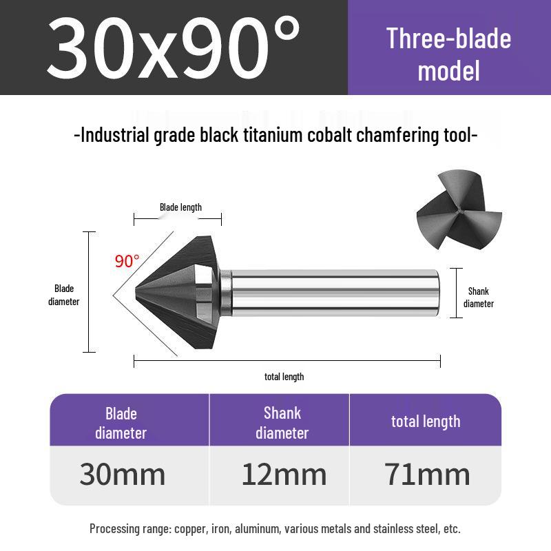 Cobalt Titanium-Plated Chamfering Drill for Stainless Steel - Single/Triple-Edge Countersink & Deburring Tool.