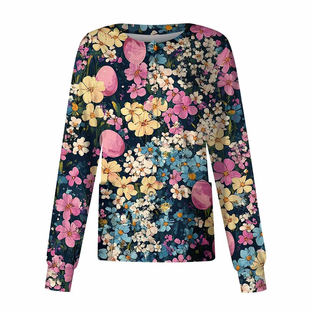 Women Long Sleeve Pattern Pocket Working Stand-up Collar Single-breasted Protective Overalls Cardigan Jacket Top