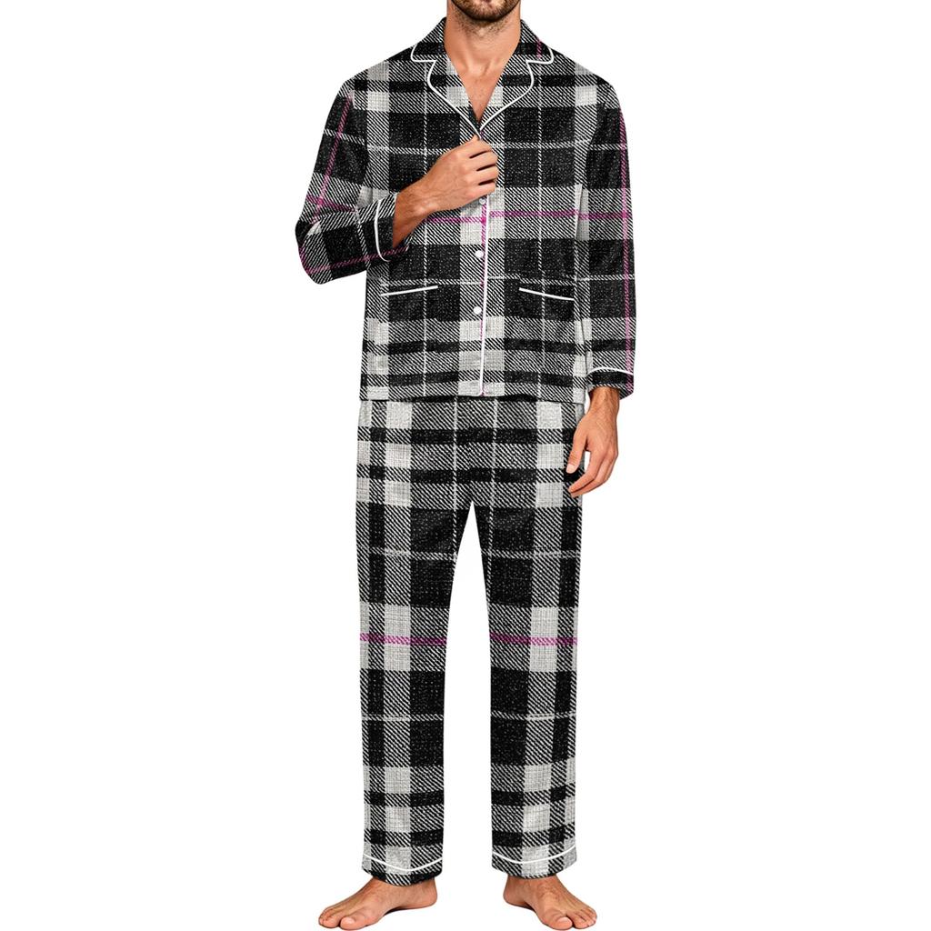 Men's Long Sleeve Button-Down Pajama Set, 2-Piece Sleepwear Loungewear with Pants for Home and Bedtime
