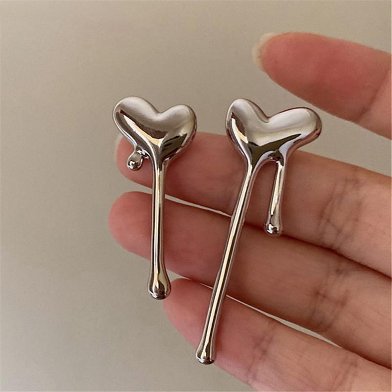 Trendy Geometric Silver Heart And Waterdrop Earrings Stylish Alloy Ear Studs