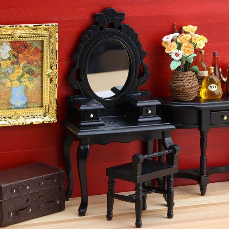 1/12 Scale Traditional Wooden Mini Furniture Set Dresser Stool With Fine Workmanship For Small Room Display