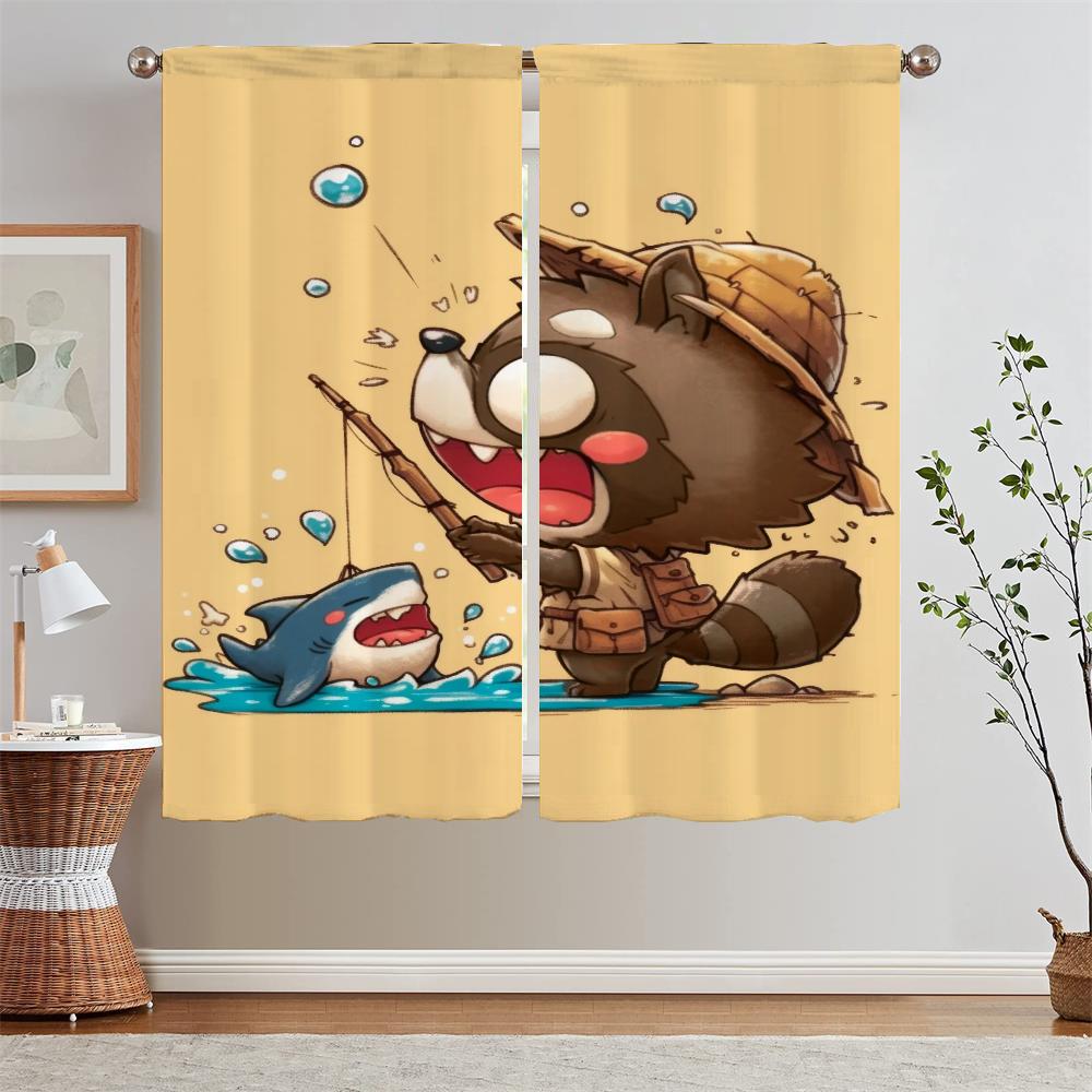 Sea Raccoon Youth Room Curtains for Living Room Fabric Curtain Tiebacks Blinds Bedroom Blackout Curtains 2 Pcs Set Curls Blind
