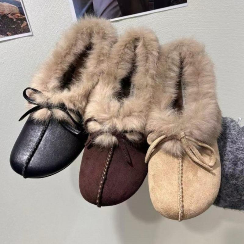 High Quality Faux Suede Loafers for Women Fashion Bow Decoration Winter Fuzzy Slipper Light Soft Sole Comfortable Women Shoes