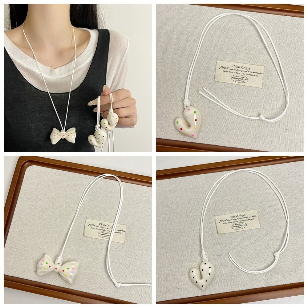 Irregular Heart Pendant Necklace Bow Sweater Chain Elegant Dopamine Color Necklace  Party Jewelry