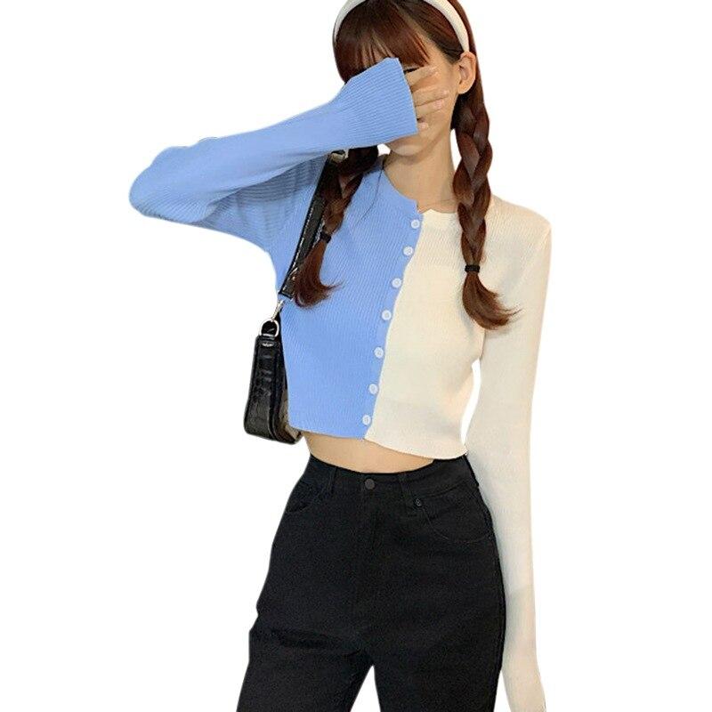 

Корейская версия женского кардигана с круглым воротником и строчкой контрастного цвета, обнажающего пупок, с длинным рукавом, фиолетовая униформа One Size