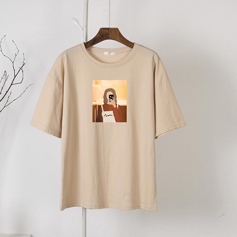 Hirsionsan Koreanska grafiska T-shirts Dam Sommar Casual Lös O-hals Kortärmade T-shirts Kvinnliga vintagetryckta 100 % bomull Toppar