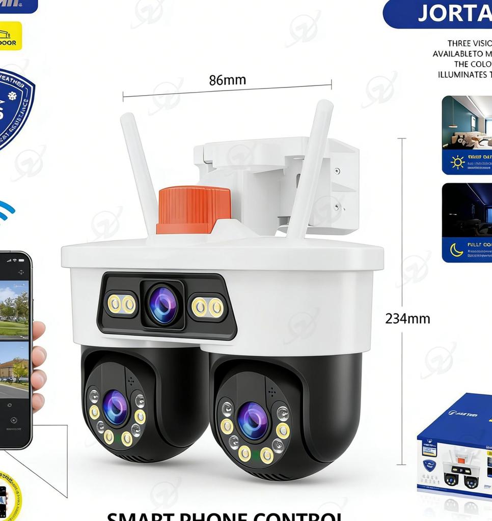 Dual-lens Surveillance with IP66 Protection Rating, Featuring Wide-angle Monitoring and Control Via Mobile Devices.