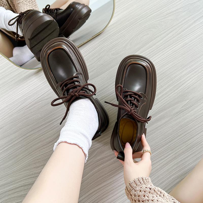 New fashion small leather shoes women's spring versatile women's shoes front lace-up thick heel single shoes children