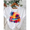 European Size Women'S Hawaiian Tropical Print T-Shirt - Slim Fit Short Sleeve Round Neck, Vibrant Hibiscus, Palm Tree, and Surf Sunset Design